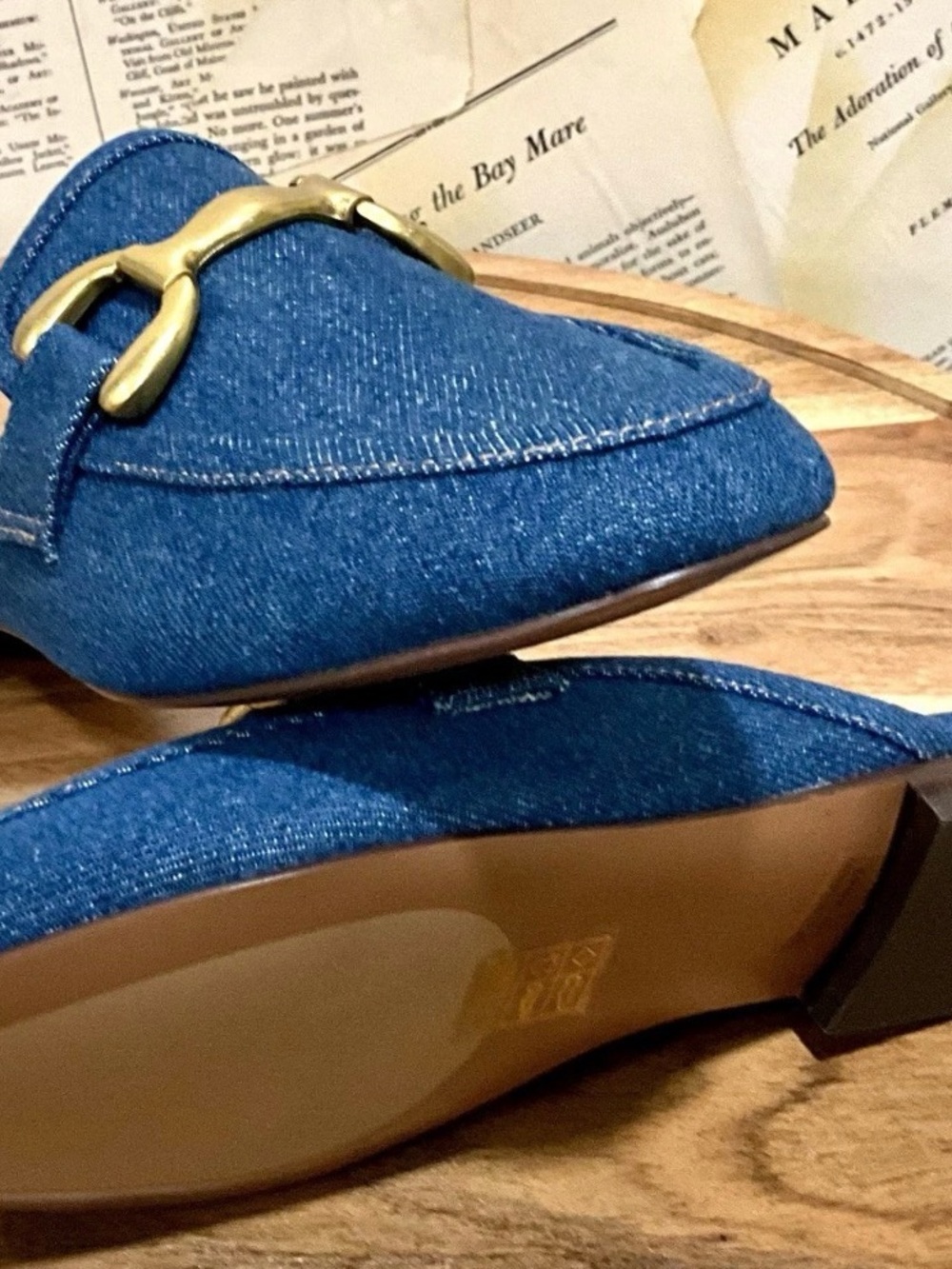 Anthropologie Bibi Lou Zagreb Slip On Loafers Denim Gold Trim - Picture 6 of 9